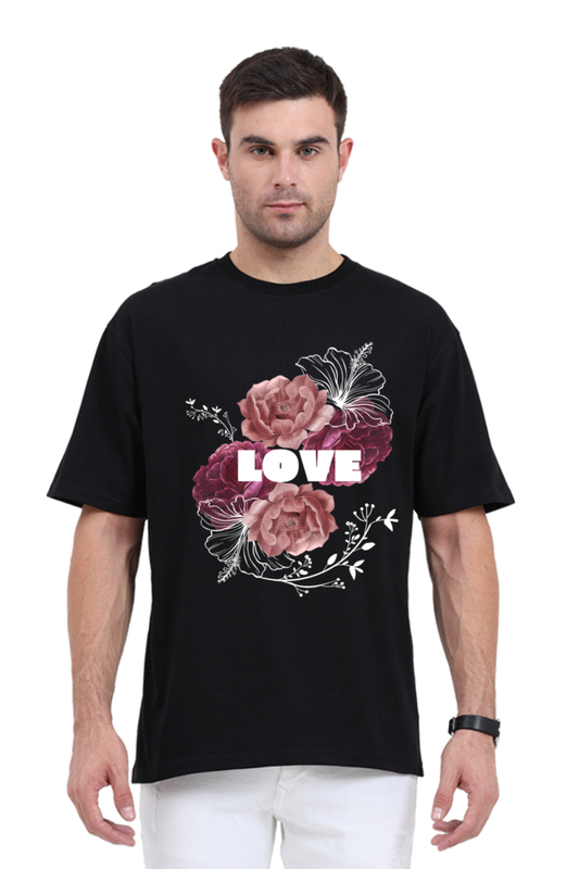 Black Floral Printed Down Shoulder Oversized Tshirt